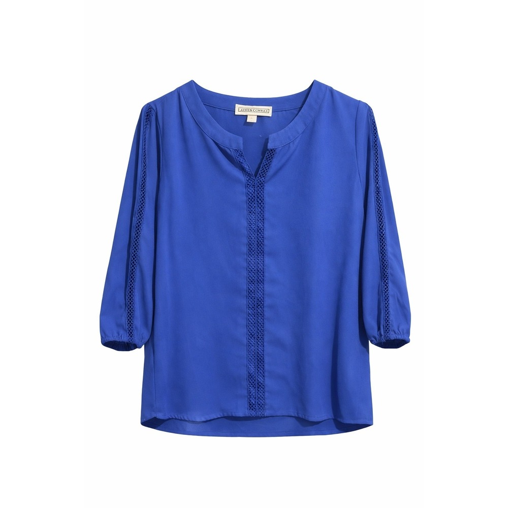 Dana Buchman Royal Blue Lace Trim Blouse Womens Large V-Neck‎ 3/4 Sleeve Hi-Low